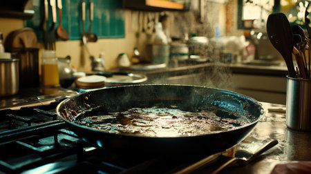 A rustic kitchen scene features a steaming pan on the stove, showcasing the art of cooking. The ambiance is warm and inviting, perfect for culinary exploration.の素材