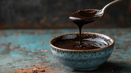 A close-up of smooth dark chocolate sauce drizzling from a spoon into a decorative bowl. Perfect for illustrating dessert recipes or indulgent treats.の素材