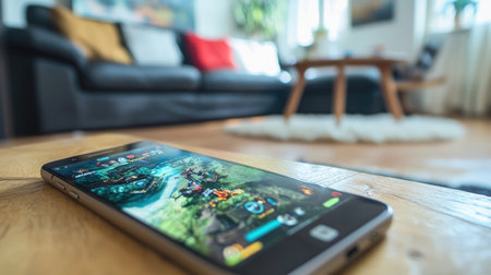 A smartphone rests on a wooden table, showcasing a gaming screen. The cozy living room features a comfortable couch and warm decor, inviting relaxation.の素材