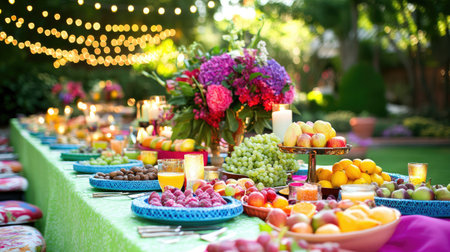A delightful outdoor scene featuring a beautifully arranged table filled with an array of fresh fruits and vibrant flowers, perfect for a summer celebration.の素材
