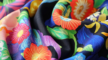 Close-up view of a vibrant floral pattern on soft fabric. This textile showcases rich colors and intricate details, perfect for design and fashion projects.の素材
