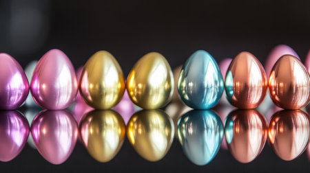 A stunning arrangement of colorful Easter eggs in pastel shades, beautifully reflecting on a smooth dark surface, perfect for spring themes and celebrations.の素材