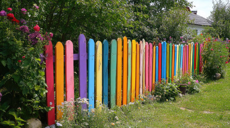 This image features a vibrant and colorful wooden fence in a lush garden setting, surrounded by blooming flowers, creating a cheerful and inviting atmosphere.の素材