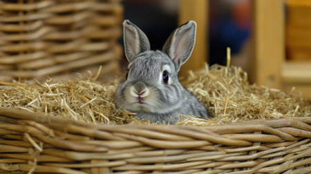 This charming image features an adorable gray rabbit nestled in a cozy straw basket, showcasing its fluffy fur and innocent expression in a tranquil setting.の素材