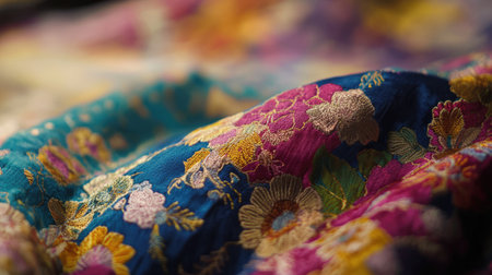 This image showcases a vibrant floral embroidered fabric, beautifully draped in natural light, emphasizing its intricate design and rich colors. Perfect for textile art lovers.の素材