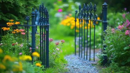 A picturesque garden gate framed by an array of vibrant flowers and lush greenery invites viewers into a serene outdoor space, perfect for relaxation.の素材
