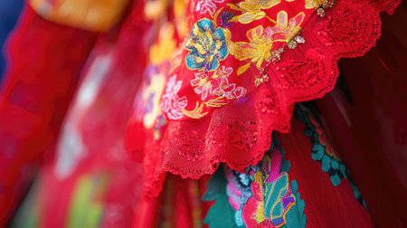 Close-up view of intricate colorful embroidery on a traditional red textile. This artwork showcases vibrant floral patterns and elaborate details.の素材