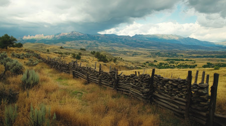 A breathtaking mountain landscape featuring a rustic stone fence under dramatic clouds. This serene rural setting showcases nature's beauty in expansive views.の素材