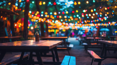 A charming outdoor dining space illuminated by colorful string lights, creating a warm and inviting atmosphere for evening gatherings. Perfect for dining and celebration.の素材