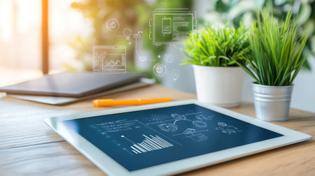 A modern workspace featuring a tablet displaying graphs and charts alongside plants and stationery. Ideal for themes of productivity and innovation.の素材