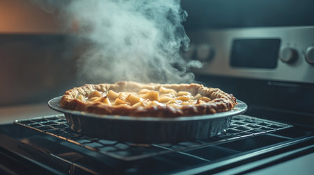 A freshly baked apple pie sits on a cooling rack, with steam rising in a cozy kitchen atmosphere, showcasing the warmth and inviting aroma of homemade baking.の素材