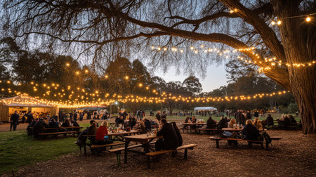 A tranquil evening gathering in a park, featuring picnic tables, string lights creating a warm atmosphere, and groups of people enjoying food and drinks.の素材
