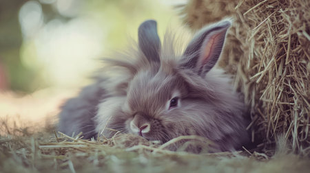 A fluffy brown rabbit rests comfortably on a bed of hay, showcasing its soft fur. The serene outdoor setting highlights the beauty of nature and tranquility.の素材