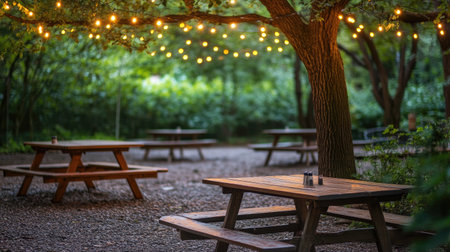 Serene outdoor dining space featuring rustic wooden tables under glowing string lights, perfect for evening gatherings amidst lush greenery and peaceful nature.の素材