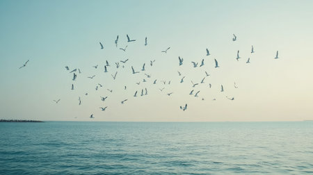 A tranquil seascape featuring a large flock of birds soaring gracefully above calm ocean waters, capturing the essence of serenity and natural beauty.の素材