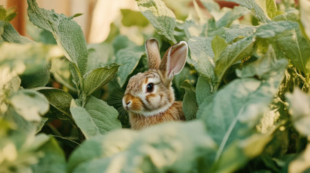 A charming brown rabbit sits quietly among vibrant green leaves, capturing the essence of a tranquil garden scene. Ideal for nature and wildlife themes.の素材