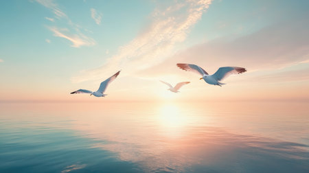 A beautiful scene depicting seagulls soaring over a calm ocean during sunrise. The sky is painted with pastel colors, creating a serene and tranquil atmosphere.の素材