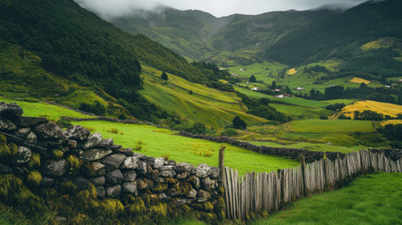 A breathtaking view of a green landscape featuring a stone wall and distant mountains under a cloudy sky. Ideal for showcasing natural beauty and tranquility.の素材