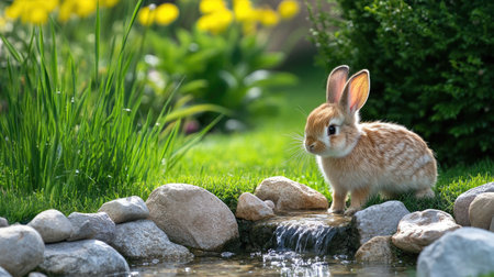 A cute bunny stands by a small stream, surrounded by lush greenery and colorful flowers. This peaceful scene captures the essence of nature and tranquility.の素材
