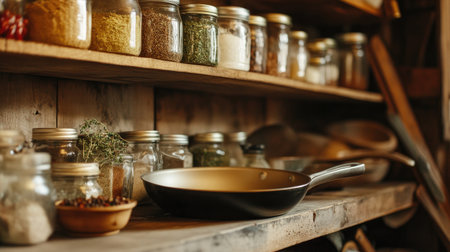 A rustic kitchen shelf showcases an array of glass jars filled with spices and herbs, complemented by a sleek frying pan, creating a warm cooking atmosphere.の素材