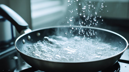 Water bubbles rapidly in a frying pan on a gas stove, creating a captivating cooking scene. The steam rises beautifully, showcasing the dynamic nature of food preparation.の素材