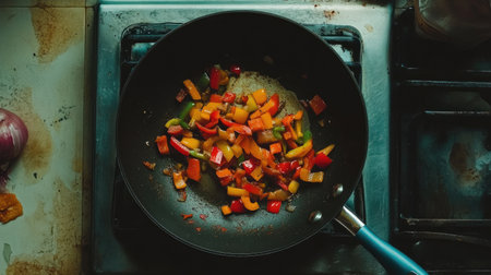 A vivid scene of fresh vegetables being stir-fried in a black pan on a stove. The array of colors creates an appealing and inviting atmosphere in the kitchen.の素材