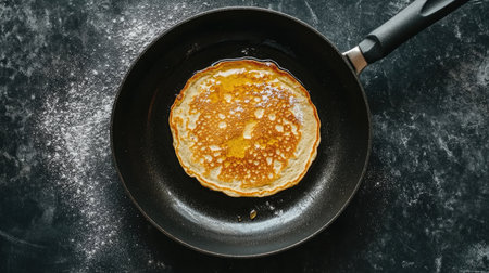 A golden pancake cooking in a pan, showcasing the intricate texture and warm colors. Perfect for culinary, food photography, or breakfast concepts.の素材