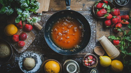 A vibrant display of fresh fruits and cooking tools in a rustic kitchen, showcasing the beauty of culinary preparation and natural ingredients.の素材