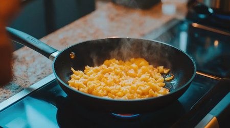A vibrant scene of scrambled eggs cooking in a frying pan on a stovetop. Soft steam rises, creating an inviting atmosphere in a modern kitchen. Perfect for food lovers.の素材
