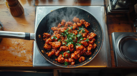 A vibrant and aromatic dish featuring spicy cauliflower cooked in a frying pan. Fresh herbs garnish this flavorful meal, perfect for a vegetarian or plant-based diet.の素材