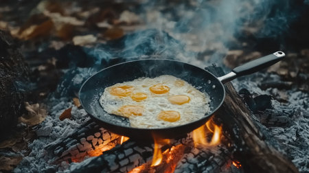 A skillet with frying eggs sits over a campfire, creating a cozy outdoor breakfast scene. Enjoy the smoke, flames, and natural surroundings for a true wilderness experience.の素材