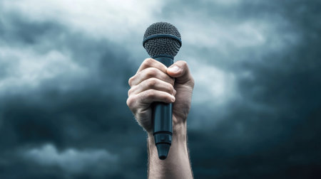 A powerful image of a hand gripping a microphone against a dark, stormy sky. This captures themes of expression, performance, and the impact of voice in emotional moments.の素材
