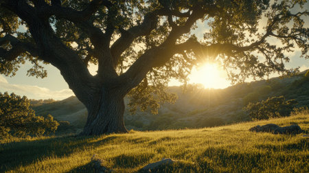 A majestic oak tree stands tall in a sunlit landscape, showcasing its grandeur against a backdrop of rolling hills. The warm sunrise casts a golden glow over the lush grass, creating a serene and tranquil scene perfect for nature lovers.の素材