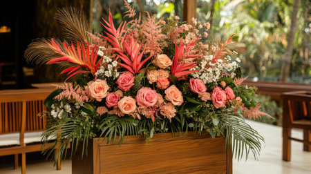 Discover the beauty of this elegant floral arrangement featuring vibrant pink roses and lush tropical foliage, perfect for enhancing any decor or event.の素材
