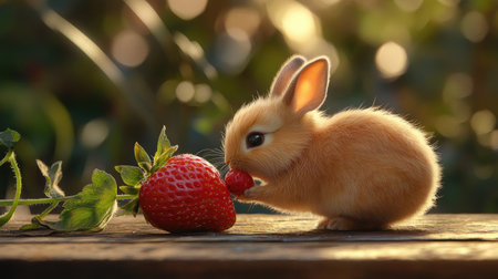 A delightful young bunny enjoys a juicy strawberry in a sunlit garden. The scene captures the essence of nature's beauty and the joy of life.の素材