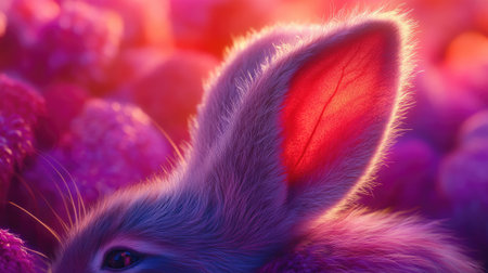 This close-up image features a soft bunny ear amidst a vibrant and colorful floral background, capturing the gentle beauty of nature during sunset.の素材