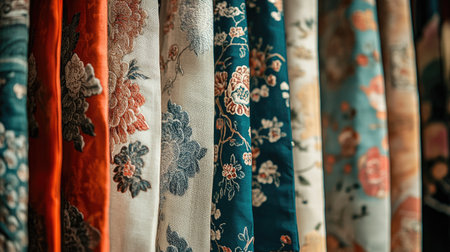 A stunning display of colorful silk fabrics featuring intricate patterns and floral designs. Ideal for textile art, fashion inspiration, and home decor.の素材