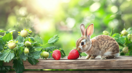 A charming rabbit enjoys fresh strawberries in a vibrant garden, surrounded by lush greenery. The perfect representation of nature's beauty and joy.の素材