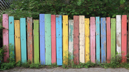 This image features a charming, colorful wooden fence made from various vibrant panels. The mix of bright shades creates an inviting outdoor atmosphere, perfect for gardens or creative spaces.の素材