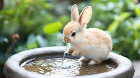 A cute rabbit joyfully drinks water from a garden stone fountain, surrounded by lush greenery. This charming scene captures the essence of nature and tranquility.の素材