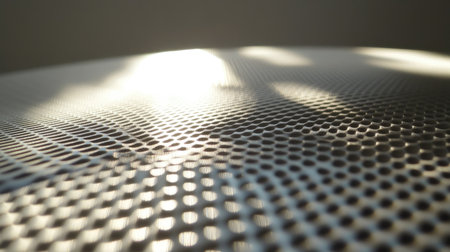 This close-up image features a metallic surface with a perforated design, capturing reflections and soft light to create a visually striking effect. The interplay of shadows and highlights adds depth and aesthetic appeal.の素材