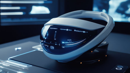 A sleek futuristic headset placed on a modern digital workspace, showcasing advanced technology and innovative design. Ideal for tech-related projects.の素材