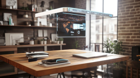 This image showcases a futuristic workspace featuring a holographic display hovering over a wooden table, creating an innovative and modern atmosphere ideal for creativity and productivity.の素材
