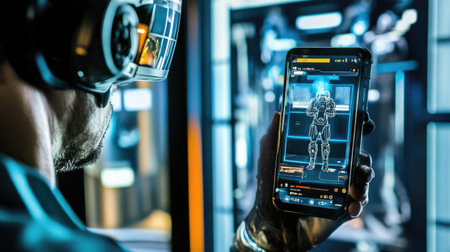 A person interacts with a mobile device showcasing a virtual interface, set in a high-tech environment. The image represents modern technology and innovation.の素材