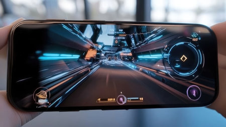A close-up view of a person's hand holding a smartphone that displays an engaging racing video game. The screen showcases vibrant graphics and a dynamic interface.の素材