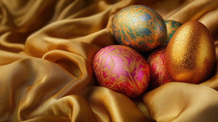 A stunning arrangement of beautifully decorated Easter eggs resting on a luxurious golden silk fabric, showcasing vibrant colors and intricate patterns, perfect for festive celebrations.の素材