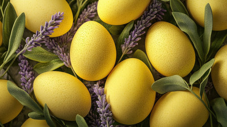 A captivating arrangement of bright yellow eggs nestled among lavender and green leaves, perfect for spring celebrations and seasonal decor.の素材