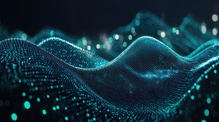 A mesmerizing abstract digital landscape featuring waves of glowing particles. The image represents technology and data visualization, creating a sense of depth and motion.の素材