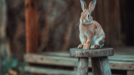 A charming brown rabbit sits on a rustic wooden stool, surrounded by nature. This peaceful scene captures the beauty of wildlife in an outdoor setting.の素材