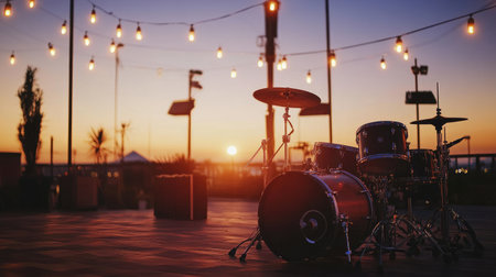 A stunning drum kit illuminated by glowing lights at sunset on a rooftop terrace, creating a vibrant atmosphere perfect for music performances and gatherings.の素材